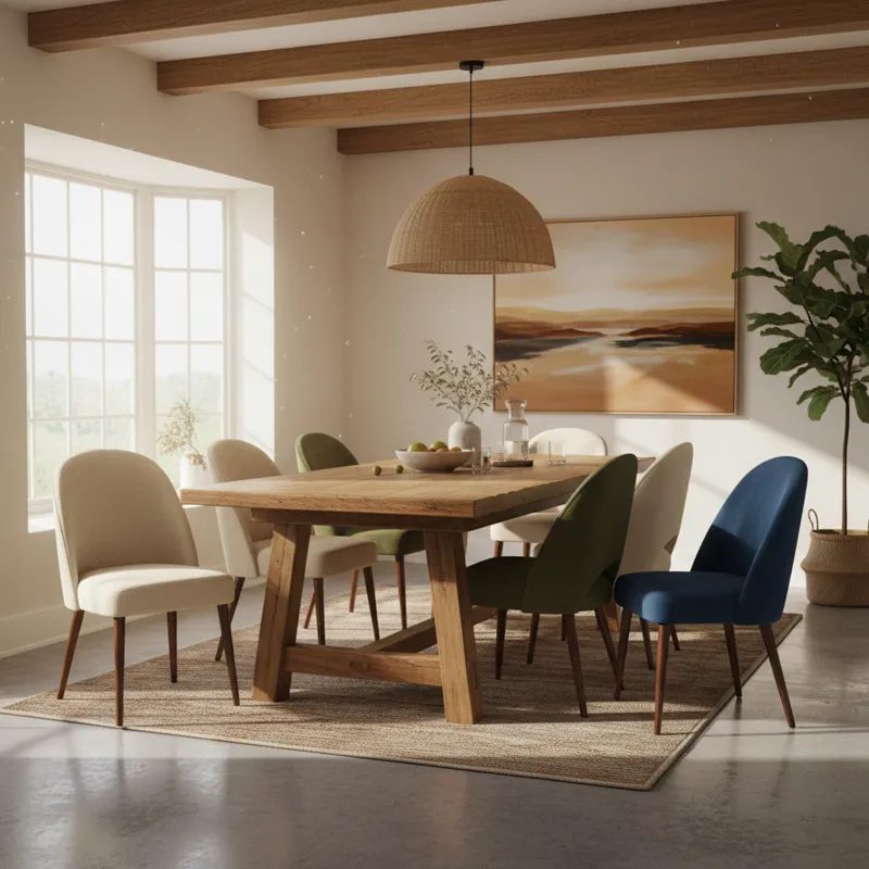 An inviting dining room scene featuring a large chunky dining table, surrounded by chairs, with natural light coming in.