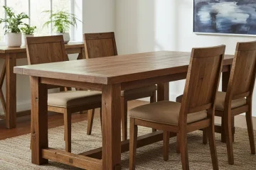 Chunky solid wood dining room table with thick legs and a substantial tabletop, ideal for a rustic, farmhouse, or industrial dining space.