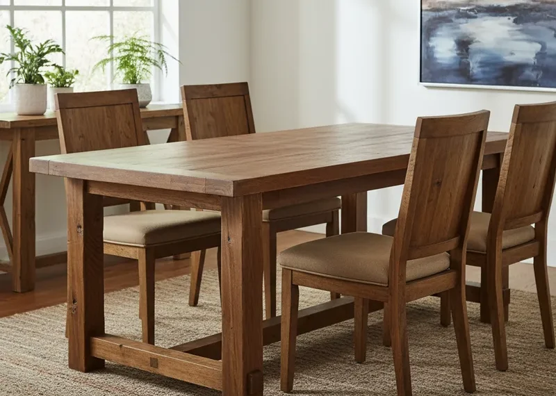Chunky solid wood dining room table with thick legs and a substantial tabletop, ideal for a rustic, farmhouse, or industrial dining space.