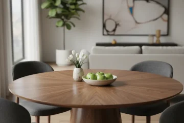 A modern circular walnut dining table with a smooth, solid wood top and a sturdy base, perfect for a contemporary dining room.