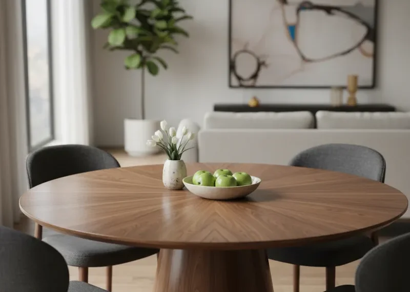 A modern circular walnut dining table with a smooth, solid wood top and a sturdy base, perfect for a contemporary dining room.