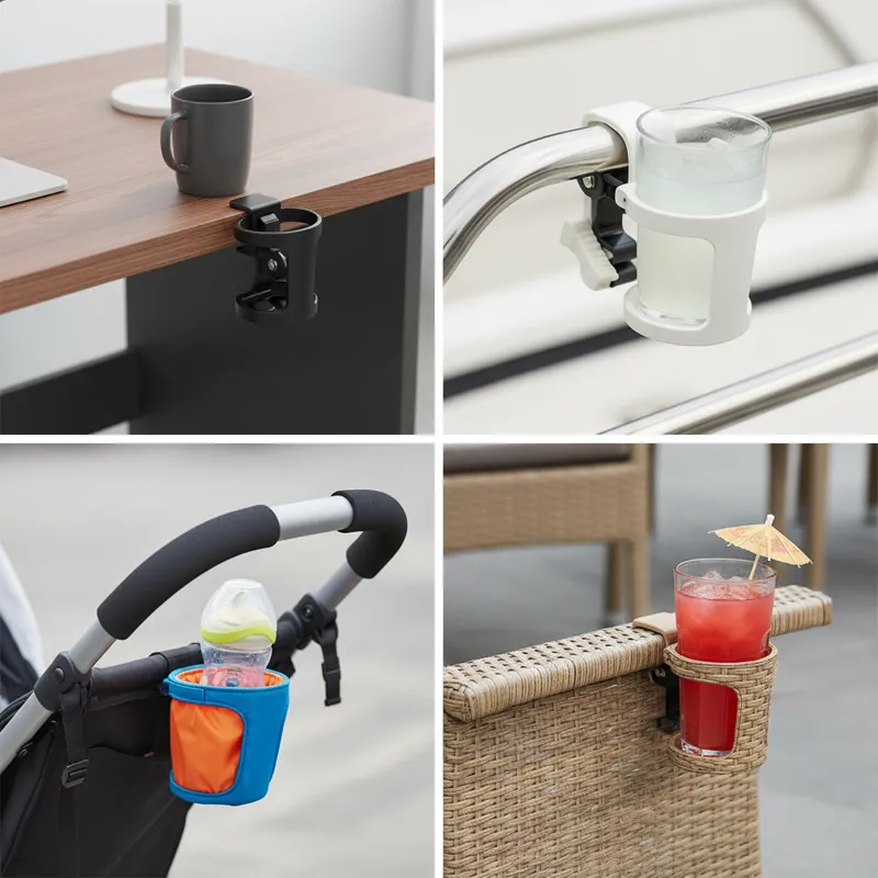 A diverse collage showing various clamp-on beverage holders in action: one on a desk, one on a boat rail, one on a stroller handle, and one on a patio