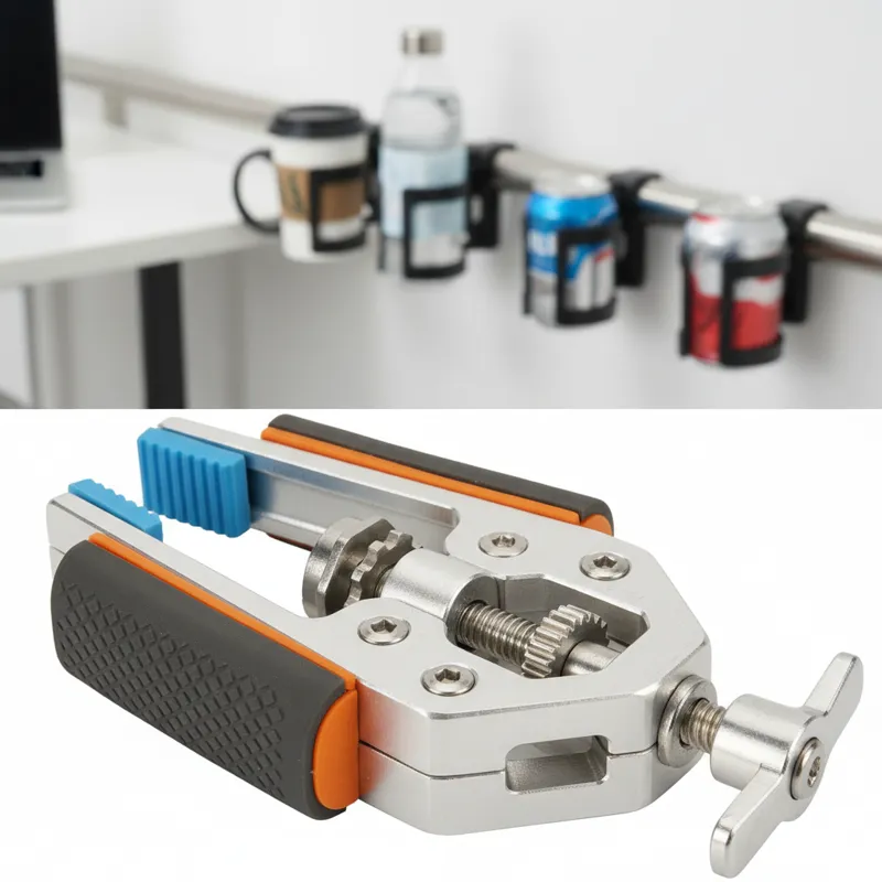 A close-up shot of a clamp mechanism, showing its adjustability and padded grips, with various clamp-on beverage holders blurred in the background, hi