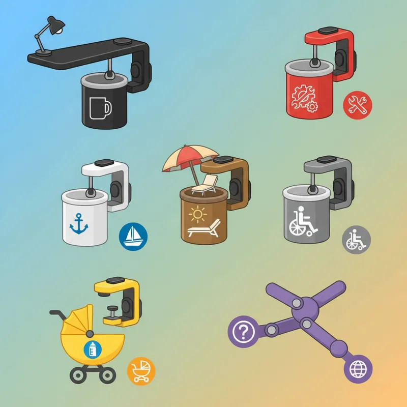 A vibrant infographic-style image showcasing seven distinct clamp-on beverage holder types, each with a small icon representing its primary use case (