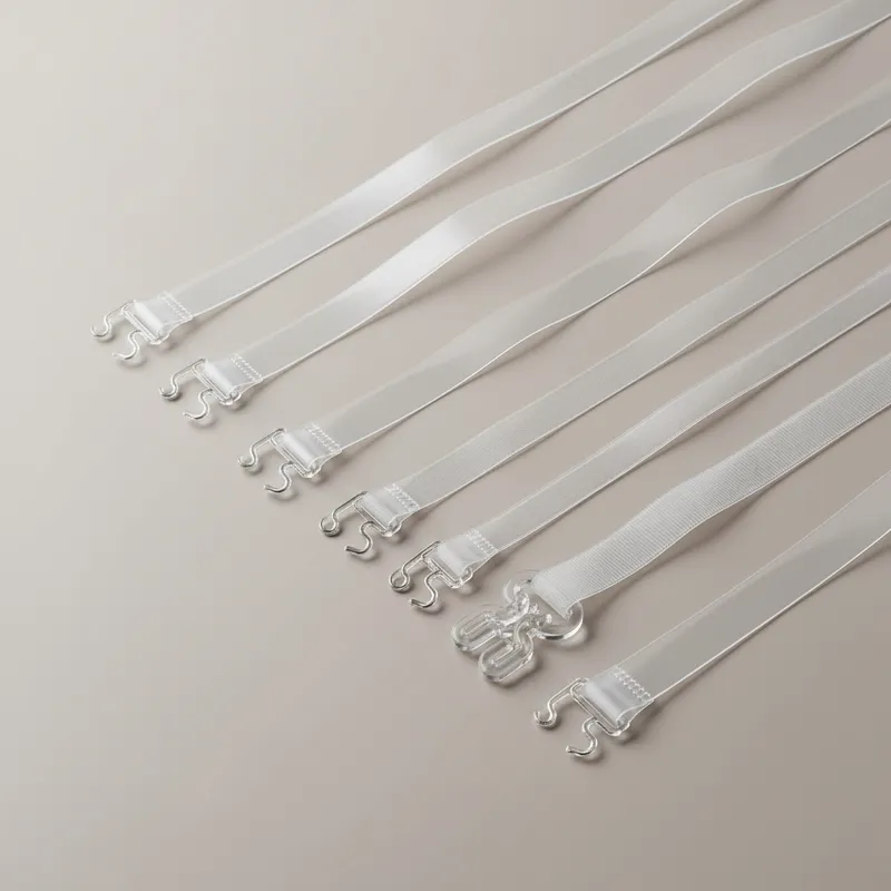 Close-up of different types of clear bra straps (silicone, TPU) showing various widths, textures, and attachment mechanisms on a neutral background.