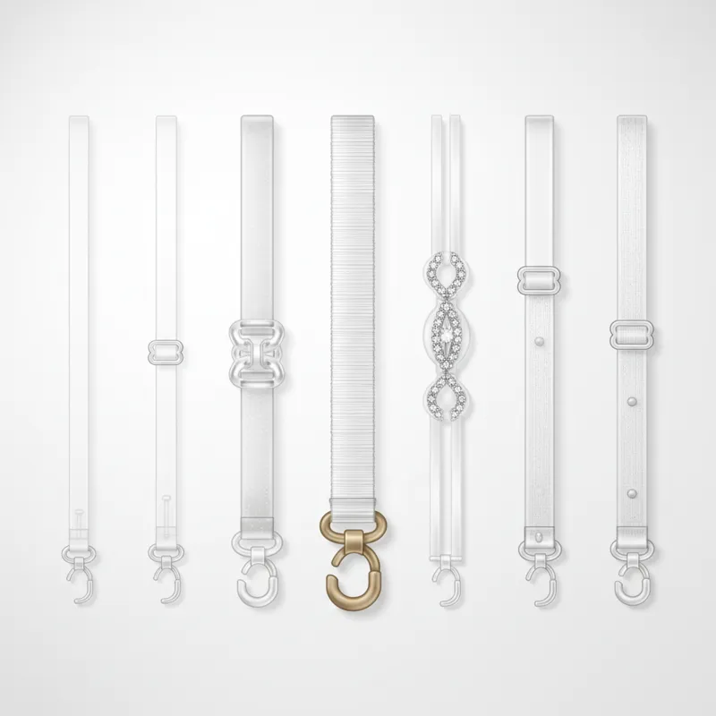 A diverse collection of five distinct clear bra strap types, each neatly displayed to highlight their unique features like material thickness, clasp d