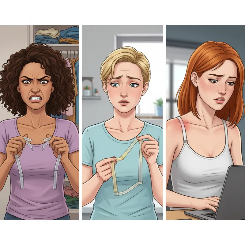 A person looking frustrated while holding a snapped clear bra strap, another looking confused at a yellowed strap, and a third wincing as a thin strap