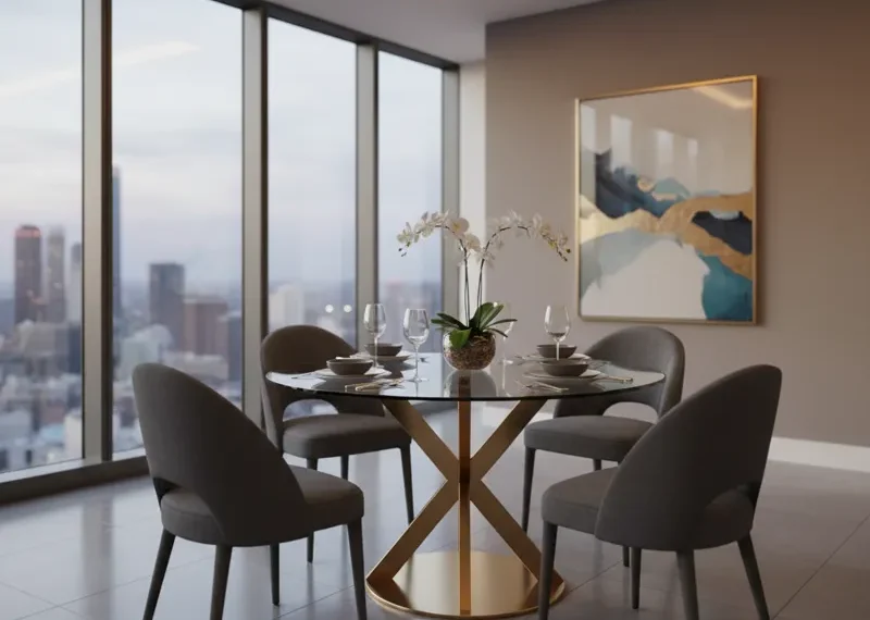 Modern clear round dining table with a transparent glass tabletop and a sturdy, minimalist base, ideal for contemporary dining spaces.