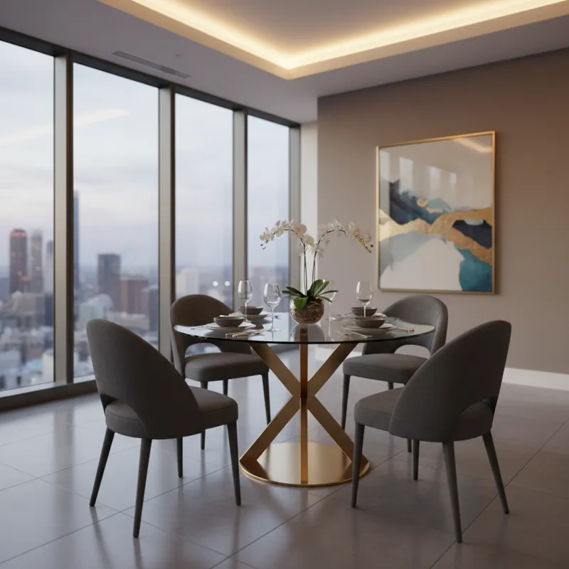 Modern clear round dining table with a transparent glass tabletop and a sturdy, minimalist base, ideal for contemporary dining spaces.