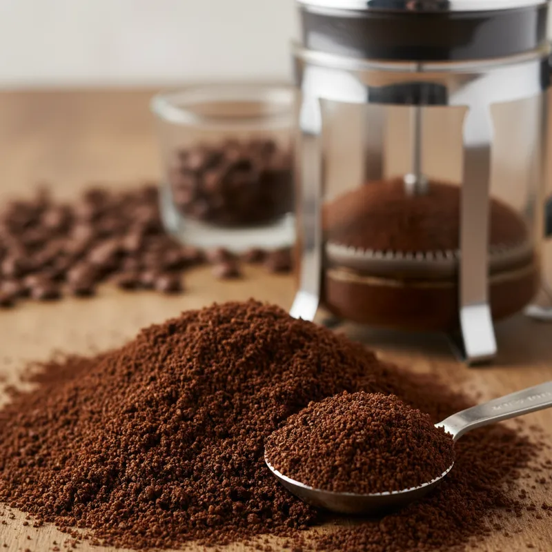 A close-up, macro shot of coarse ground coffee on a clean white surface. The grounds are visibly large and chunky, resembling the texture of kosher sa