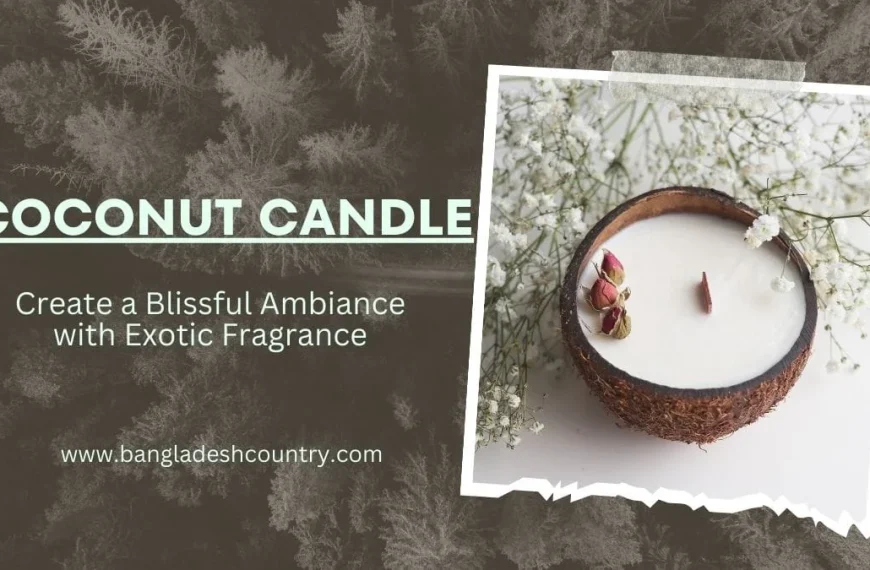 Coconut shell candle with white wax, a wooden wick, and dried rosebud decorations, surrounded by white baby's breath flowers. The image features text 'COCONUT CANDLE', 'Create a Blissful Ambiance with Exotic Fragrance', and 'www.bangladeshcountry.com'.