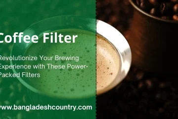 A split-screen promotional image for coffee filters. The left side has a green overlay with text, while the right side shows a close-up of a rich espresso with crema and roasted coffee beans.