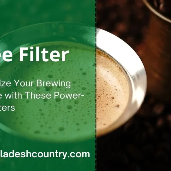 A split-screen promotional image for coffee filters. The left side has a green overlay with text, while the right side shows a close-up of a rich espresso with crema and roasted coffee beans.