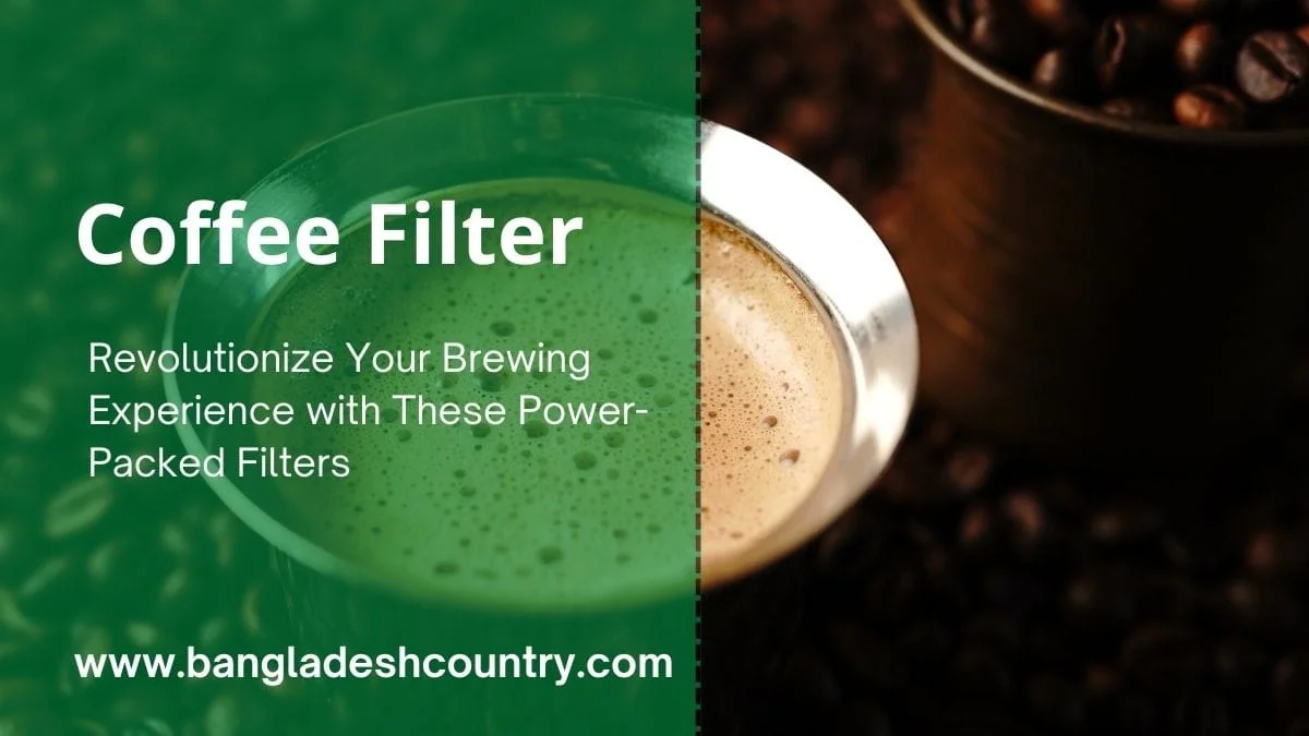 A split-screen promotional image for coffee filters. The left side has a green overlay with text, while the right side shows a close-up of a rich espresso with crema and roasted coffee beans.