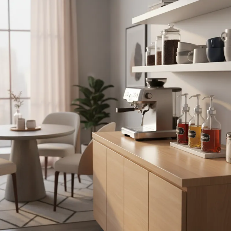 A sleek, modern home coffee bar setup with various coffee syrup dispensers neatly arranged, showcasing cleanliness and organization. Soft, warm lighti