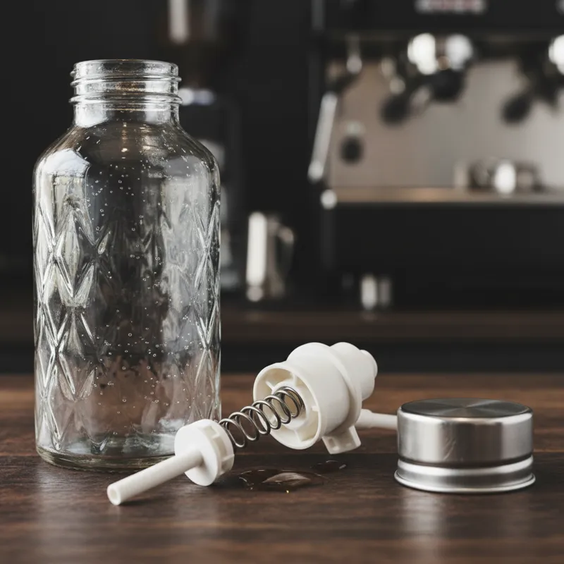 A detailed close-up shot of different components of coffee syrup dispensers: a glass bottle, a plastic pump mechanism, and a stainless steel cap, high