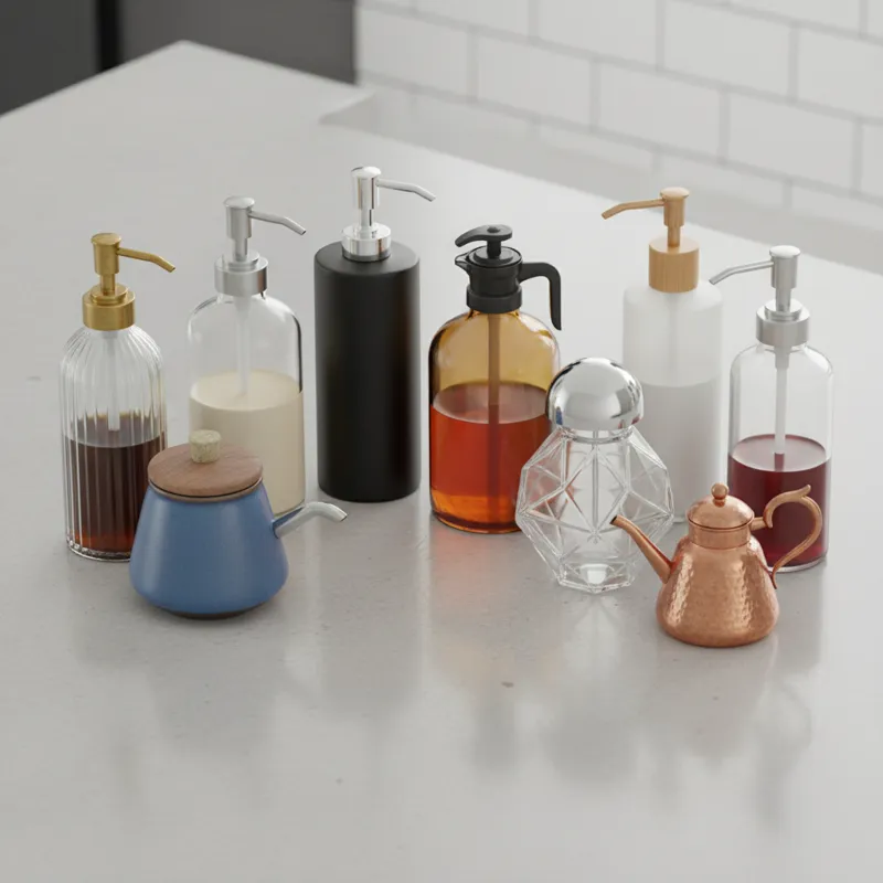A clean, overhead shot of seven different types of coffee syrup dispensers arranged neatly, showcasing variety in material, design, and size. Each dis