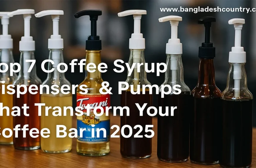 Seven coffee syrup bottles with dispenser pumps, including Torani vanilla syrup, lined up on a wooden counter. The image prominently features overlay text that reads: 'Top 7 Coffee Syrup Dispensers & Pumps That Transform Your Coffee Bar in 2025'.
