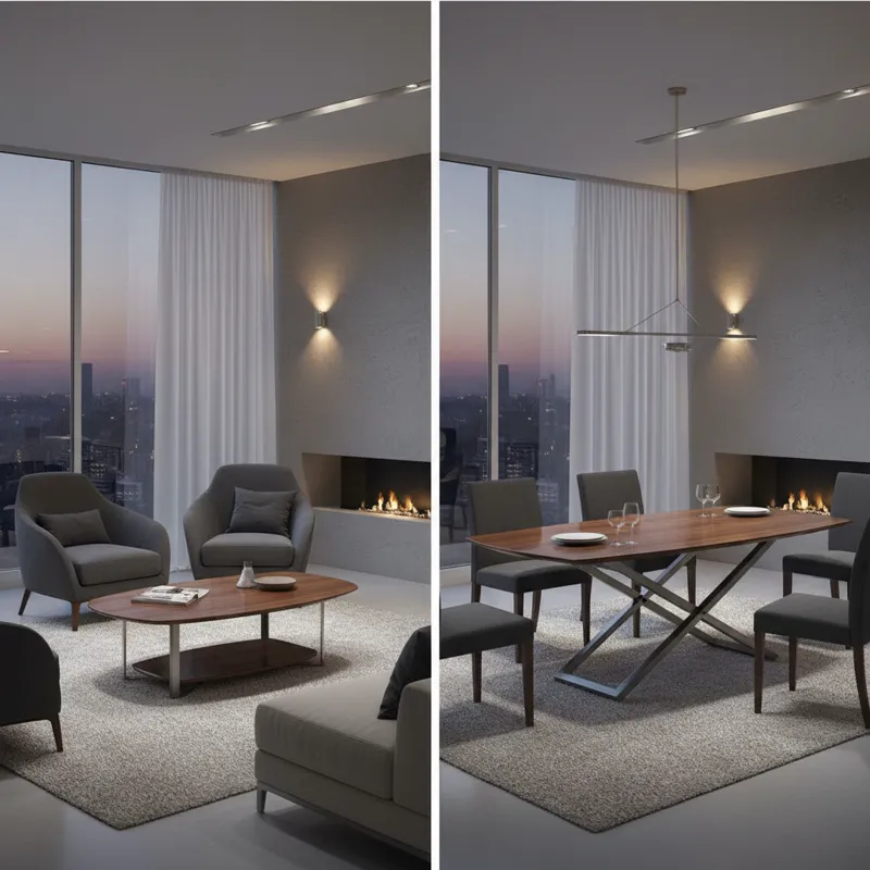 A sleek, modern coffee table in a living room setting, then a sequential image or split image showing it smoothly transforming into a dining table wit