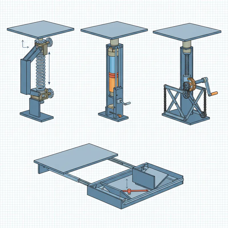 Close-up diagrams or cutaway views illustrating different types of lifting mechanisms (spring-loaded, gas lift, manual crank) and extension systems fo