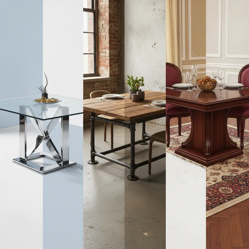 A collage of different styles of adjustable coffee tables: one modern minimalist with glass and metal, one industrial with reclaimed wood and iron, an