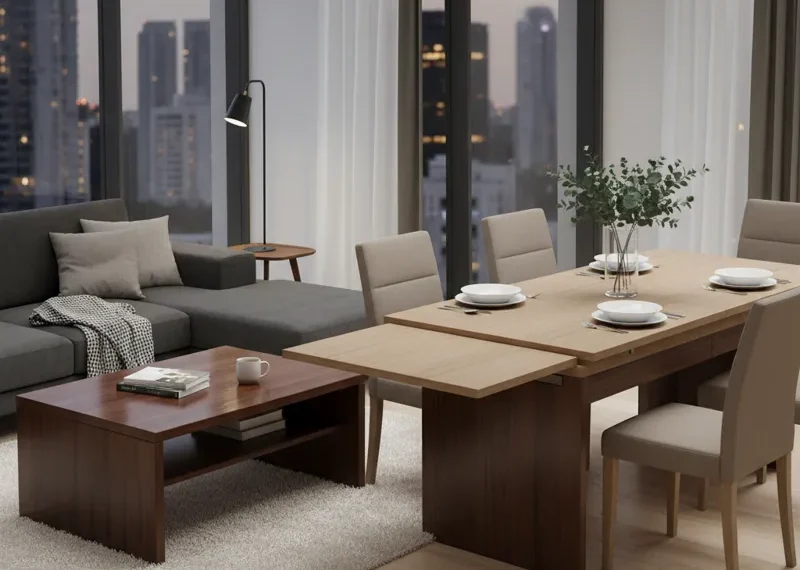 Modern adjustable coffee table effortlessly transforming and lifting into a full-sized dining table, showcasing its space-saving and versatile design.