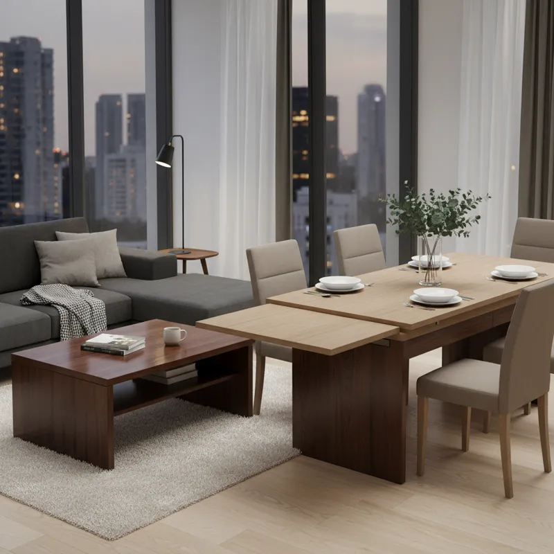 Modern adjustable coffee table effortlessly transforming and lifting into a full-sized dining table, showcasing its space-saving and versatile design.