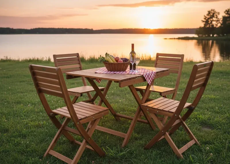Collapsible wooden table and chairs set, perfect for space-saving dining, outdoor picnics, patio, or camping. Portable folding wooden furniture.