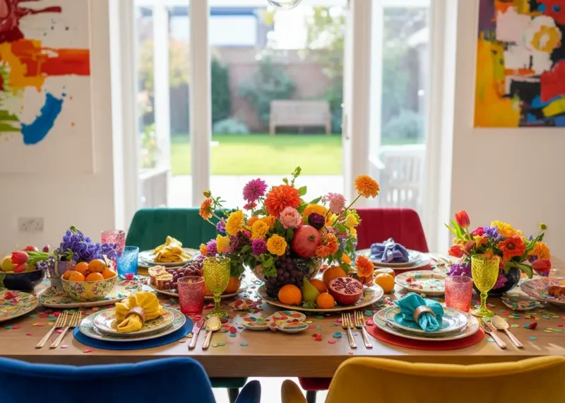 A vibrant and modern dining room table, artfully set with colorful place settings, bright floral arrangements, and eclectic decor, creating an inviting and lively atmosphere.
