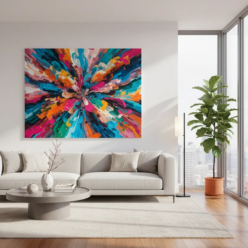 A brightly lit modern living room with a large, abstract colorful print on the wall above a minimalist sofa, featuring bold strokes and a vibrant pale