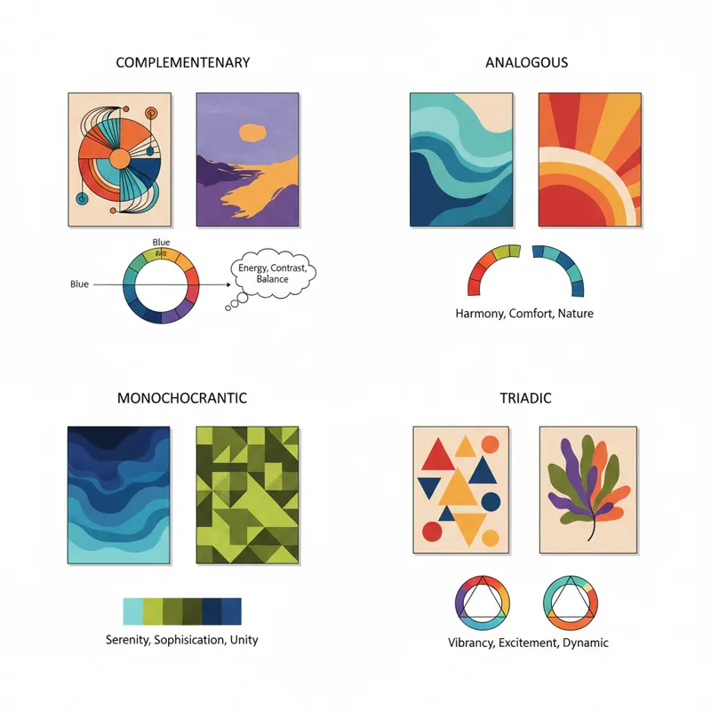 A detailed infographic showing different color schemes (complementary, analogous, monochromatic, triadic) applied to wall art examples, with explanati