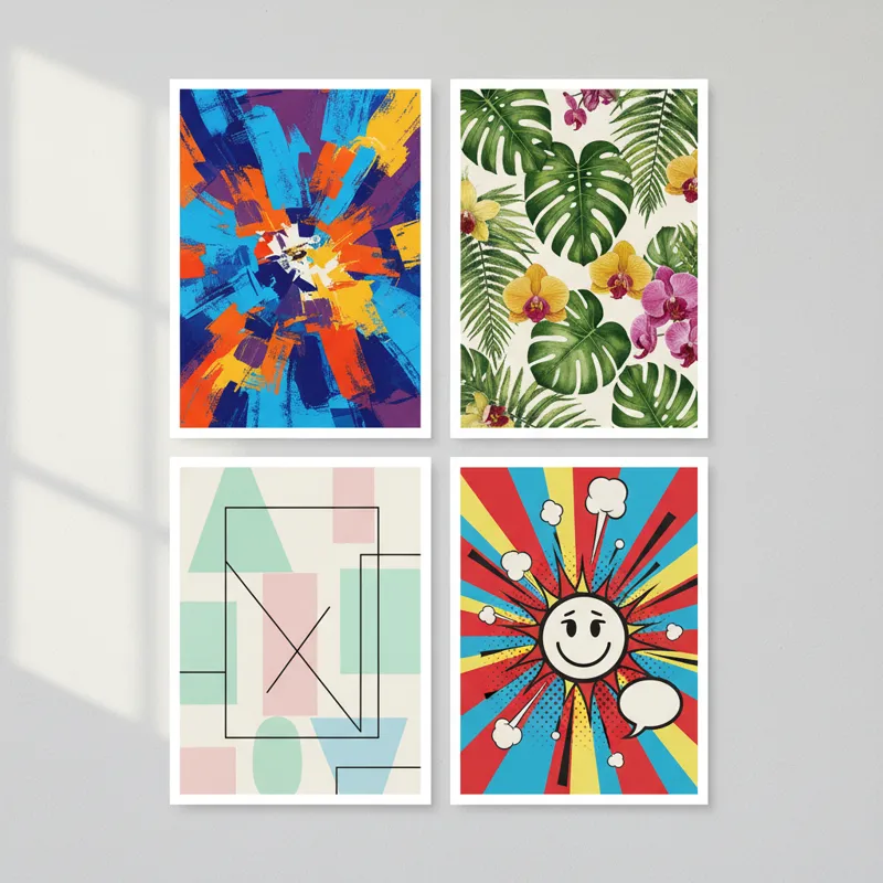 A collage of diverse colorful wall art prints, showcasing different styles: a bold abstract, a minimalist geometric, a lush botanical, and a vibrant p