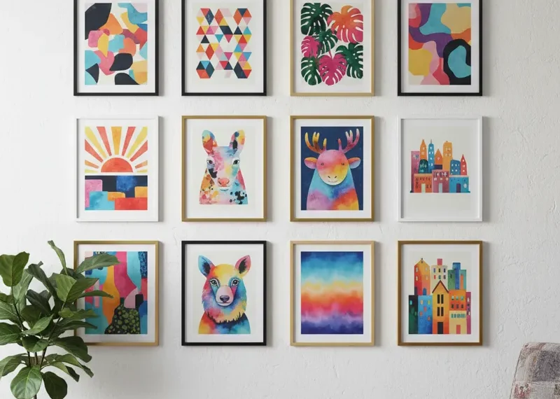 A collection of vibrant and colorful abstract art prints for wall, showcasing various modern designs and bright hues.