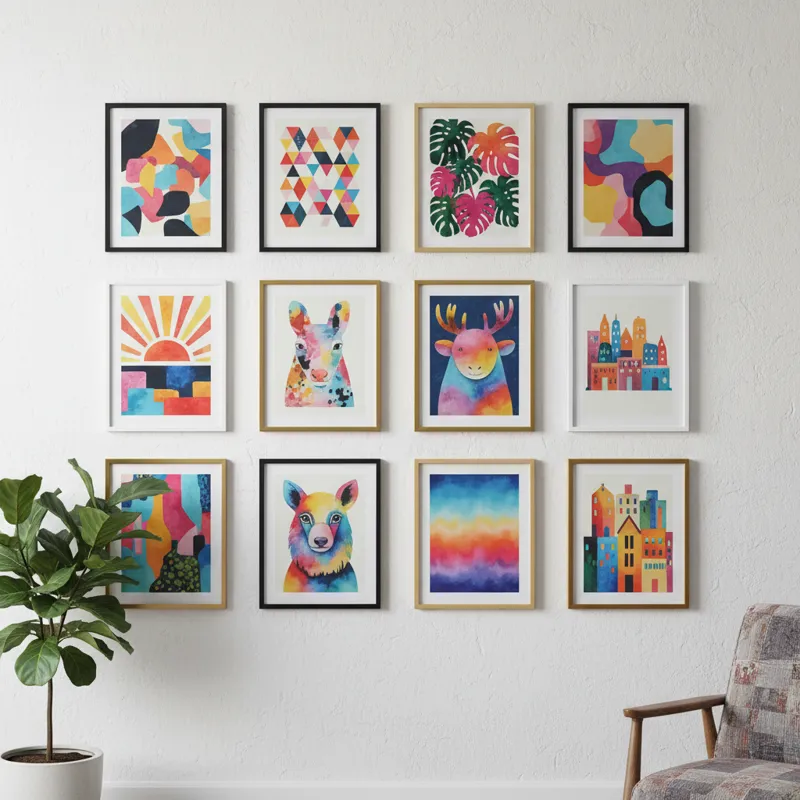 A collection of vibrant and colorful abstract art prints for wall, showcasing various modern designs and bright hues.