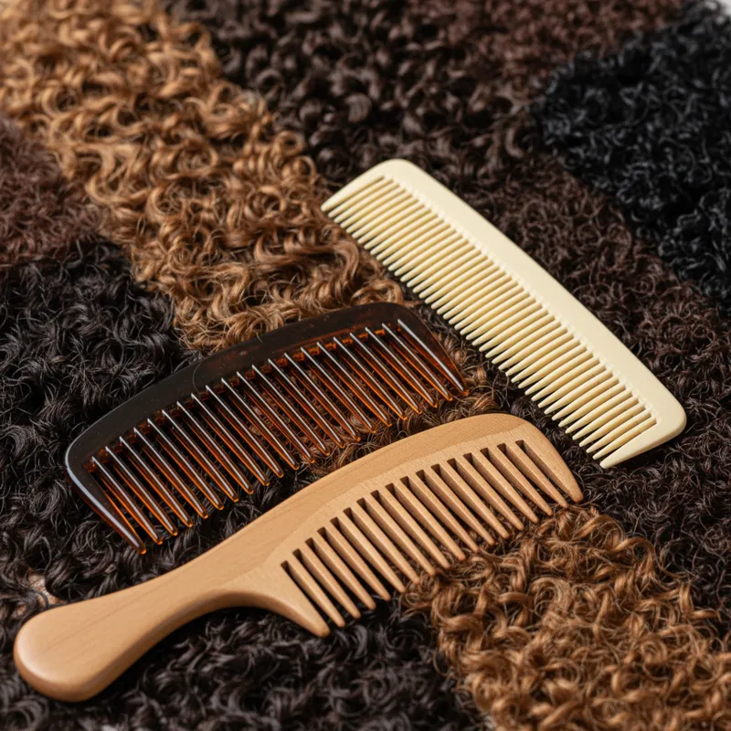 Close-up shot of different types of combs, including a wide-tooth comb, a seamless comb, and a wooden comb, positioned against a background of various