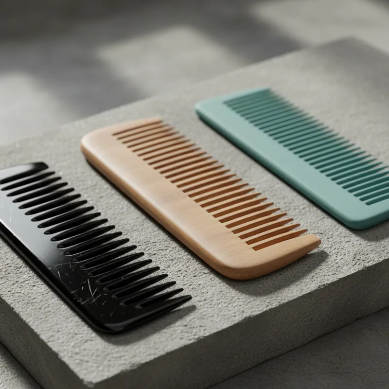 A diverse selection of comb materials: plastic, wood, and silicone/rubberized, with an emphasis on their distinct textures and finishes.