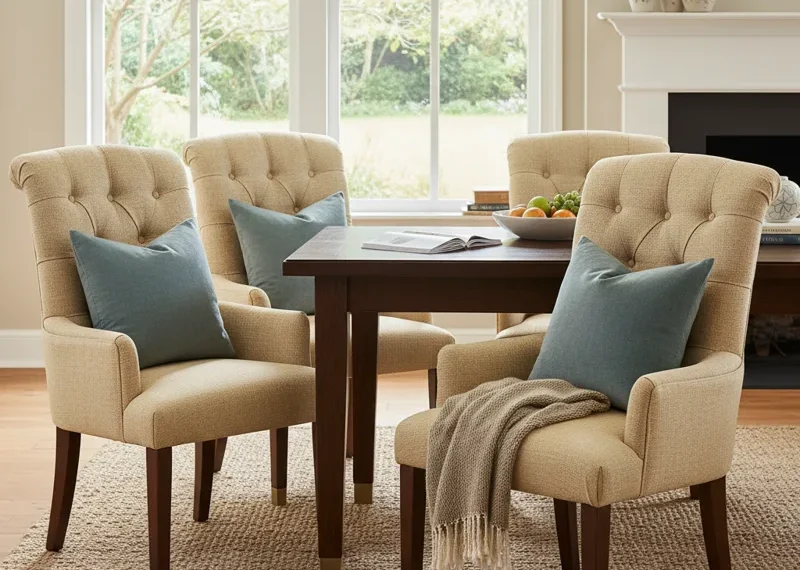 A set of four modern, upholstered dining room chairs with plush cushioning, invitingly arranged around a wooden dining table. The chairs are designed for ultimate comfort and support, enhancing a cozy dining experience.