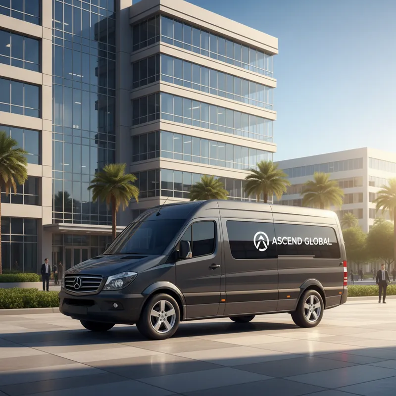 A sleek, modern business van with a company logo parked in front of a contemporary office building, conveying professionalism and commercial use. The