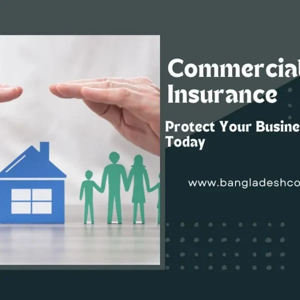 Hands hovering protectively over symbolic icons of a red car, a blue house, and green paper-cut figures representing a family. The right side features text on a dark background: 'Commercial Auto Insurance', 'Protect Your Business Vehicles Today', and 'www.bangladeshcountry.com'.