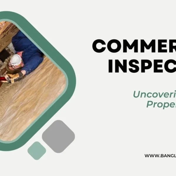 A commercial property inspector, wearing a hard hat and protective gear, shines a red flashlight into a tight, hidden space filled with insulation, brickwork, and wooden beams. The image text reads: 'COMMERCIAL INSPECTION' and 'Uncovering Hidden Property Secrets'.