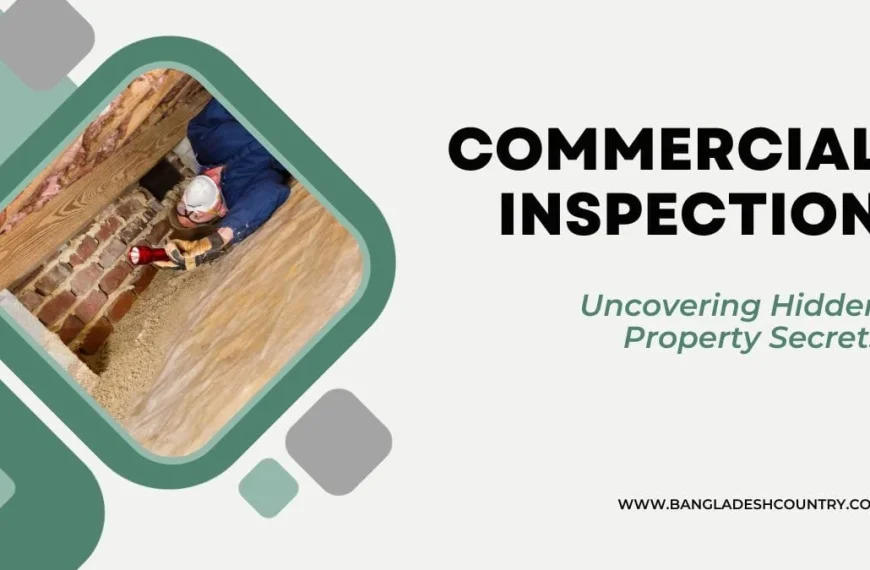 A commercial property inspector, wearing a hard hat and protective gear, shines a red flashlight into a tight, hidden space filled with insulation, brickwork, and wooden beams. The image text reads: 'COMMERCIAL INSPECTION' and 'Uncovering Hidden Property Secrets'.