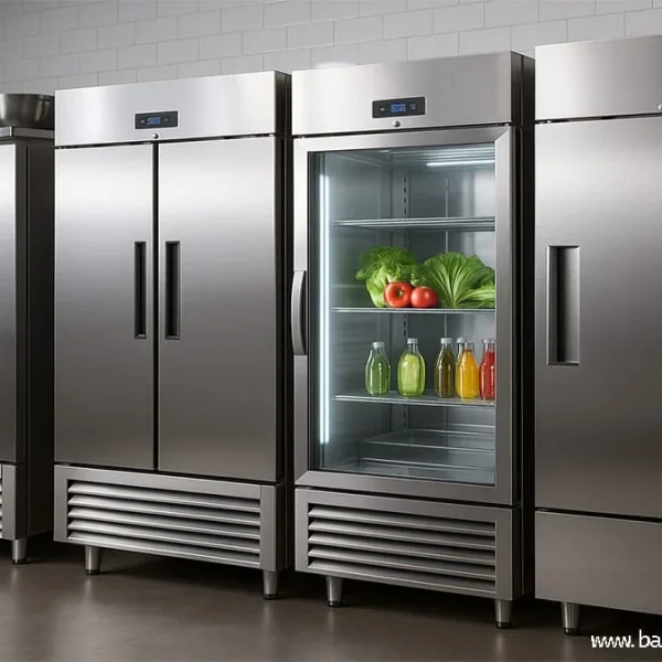 Four stainless steel commercial refrigerators in a modern kitchen, including a glass door display cooler with fresh produce and beverages.