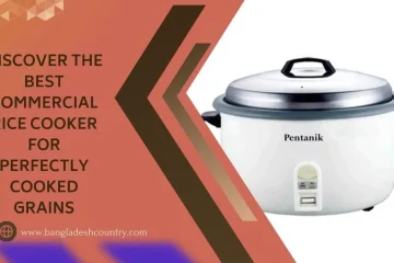 Promotional graphic featuring a white Pentanik commercial rice cooker next to text that reads 'Discover the best commercial rice cooker for perfectly cooked grains'.