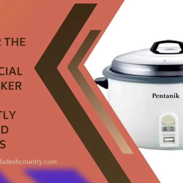 Promotional graphic featuring a white Pentanik commercial rice cooker next to text that reads 'Discover the best commercial rice cooker for perfectly cooked grains'.