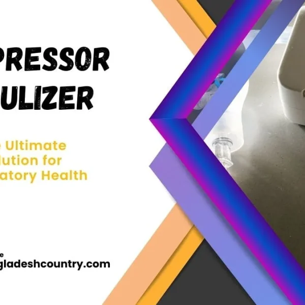 A compressor nebulizer advertisement featuring a white nebulizer machine, clear mask, and text 'COMPRESSOR NEBULIZER: The Ultimate Solution for Respiratory Health.'