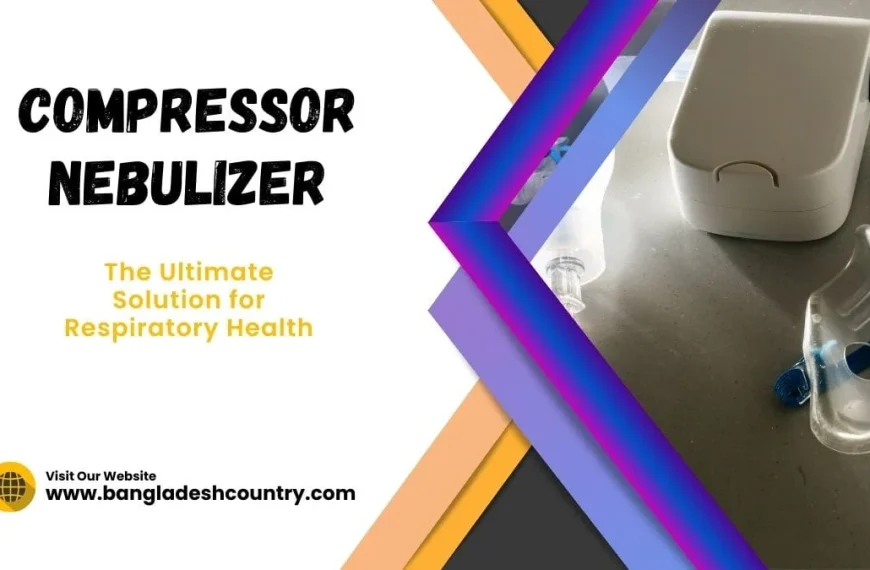 A compressor nebulizer advertisement featuring a white nebulizer machine, clear mask, and text 'COMPRESSOR NEBULIZER: The Ultimate Solution for Respiratory Health.'
