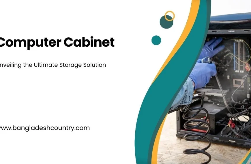 A presentation slide titled 'Computer Cabinet: Unveiling the Ultimate Storage Solution' next to an image of a person in blue gloves cleaning the internal components of an open desktop computer tower with compressed air. The website 'www.bangladeshcountry.com' is visible at the bottom.
