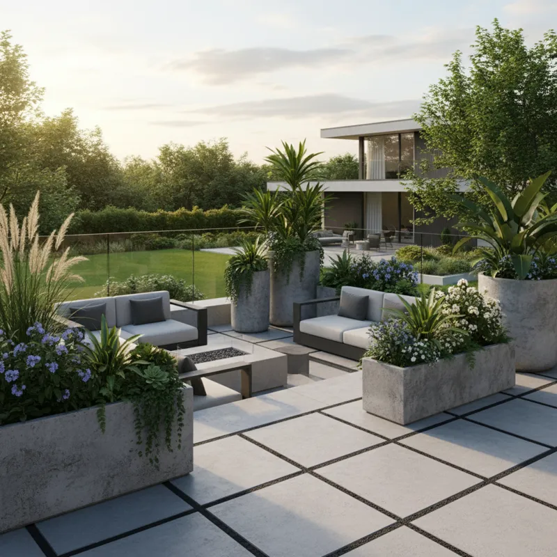 A wide shot of a contemporary patio featuring several large, varied concrete planters with lush greenery, showcasing durability and modern aesthetic.