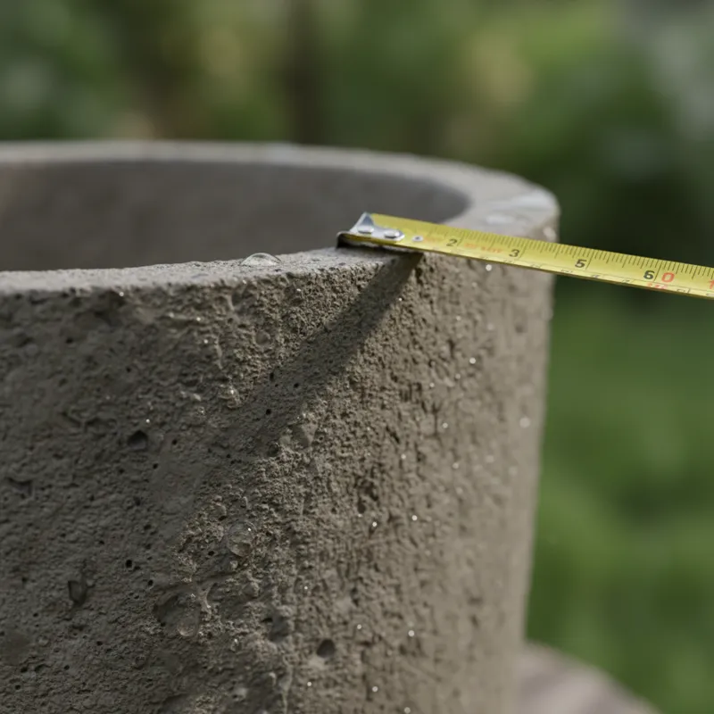 A detailed close-up shot of a concrete planter's textured surface, highlighting its material quality and finish, with a tape measure subtly visible fo