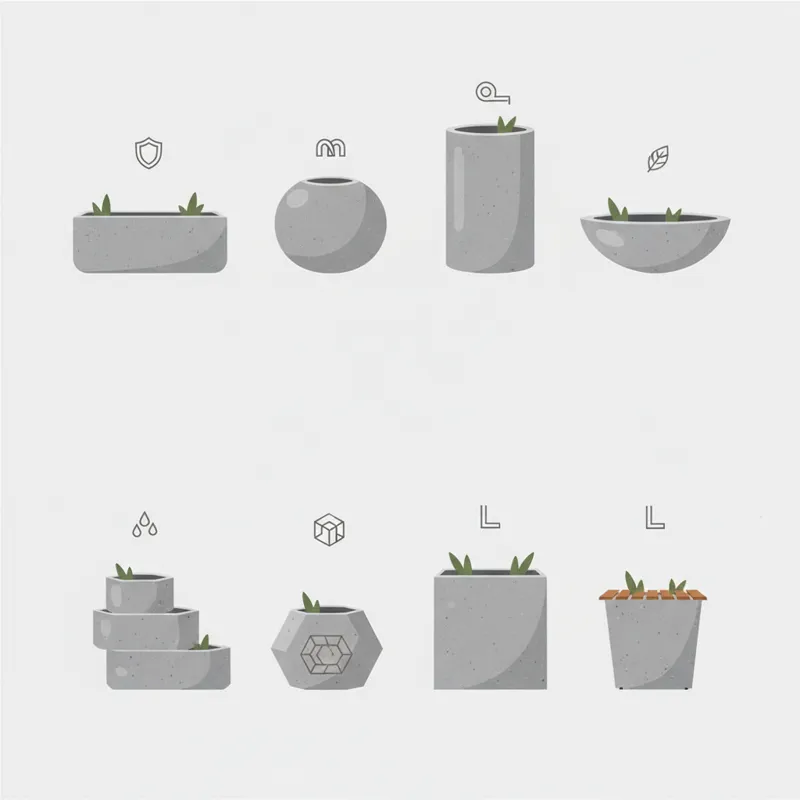An infographic-style image displaying eight different concrete planters, each with a small icon representing its key feature (e.g.,'Durable,''Modern